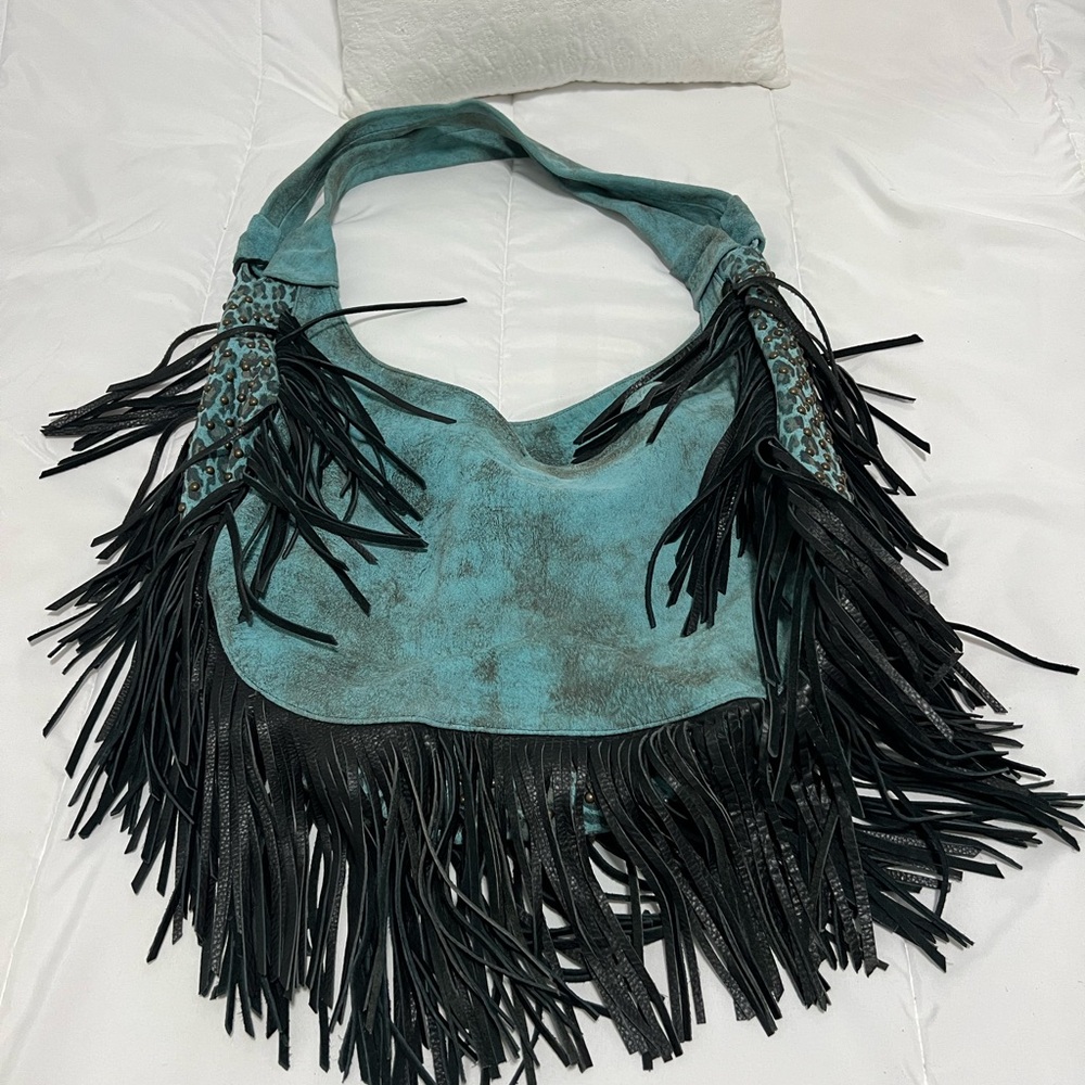 Juan Antonio Turquoise and Black Fringe Shoulder Bag